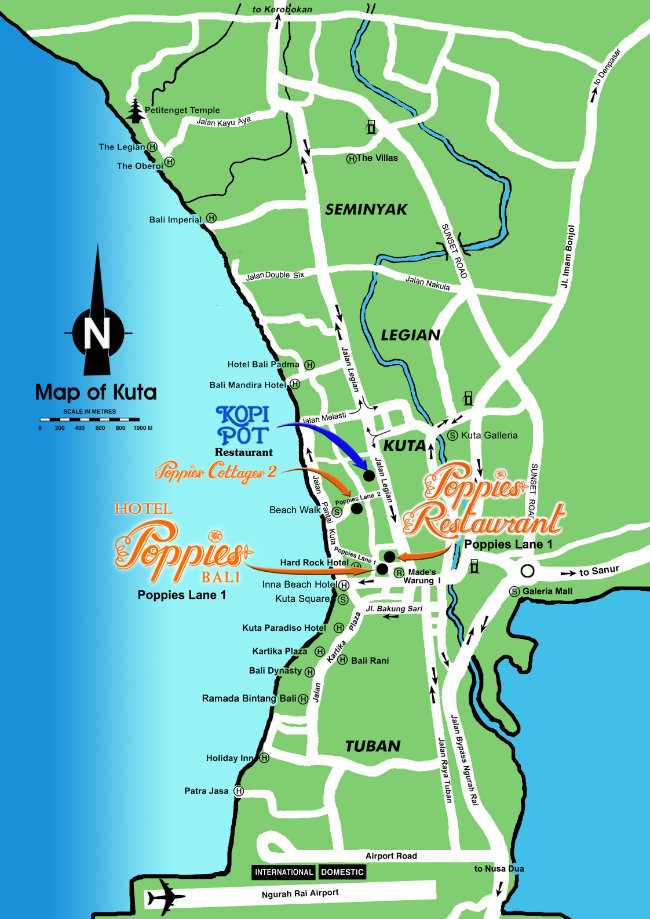 A graphical map of how to get to Poppies Bali
